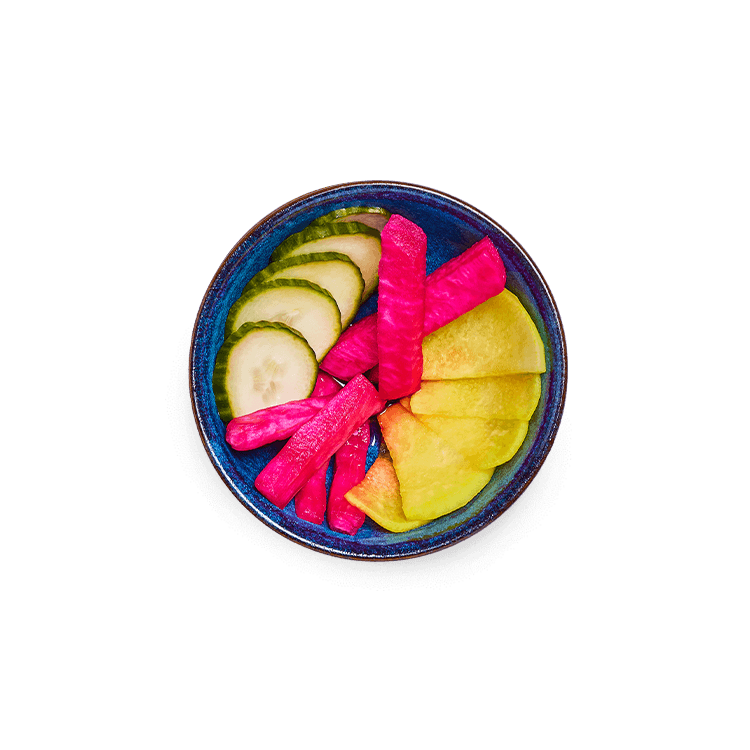 mooli. cucumber. aubergine. turnip. pickled in a sweet + sour vinegar