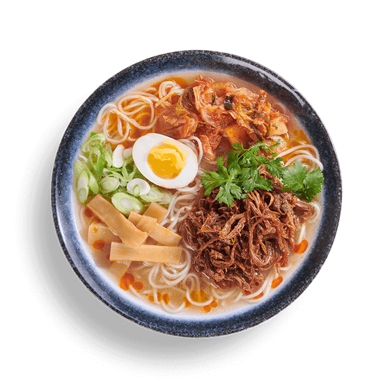 slow-cooked korean barbecue beef brisket + ramen noodles in an extra rich chicken broth. menma. kimchee. spring onion. coriander. chilli oil. half a tea-stained egg